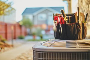 outside-air-conditioning-unit-with-tool-bag-on-top