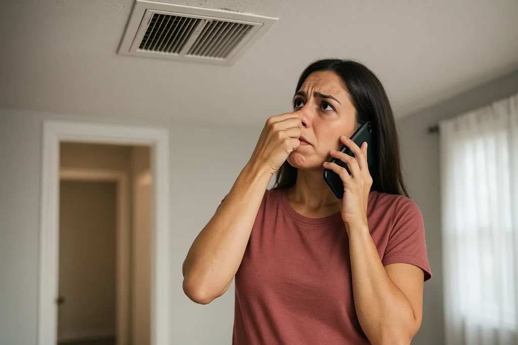 Brunette woman in her mid-30s standing in her Navarre, FL home, holding her nose while looking up at a ceiling air vent with a moldy smell, talking on the phone to call an HVAC technician