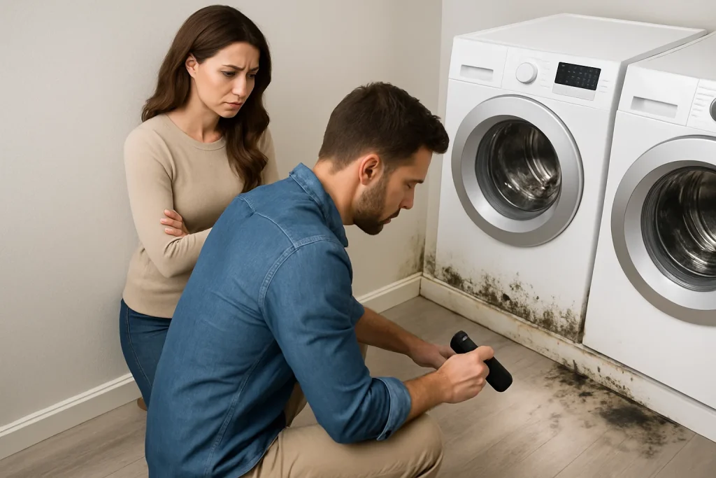 A homeowner couple looking at mold on the floor in the wall by their washer dryer