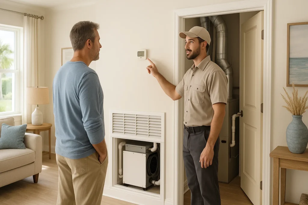Homeowner reviewing whole-house dehumidifier benefits with HVAC technician in Florida