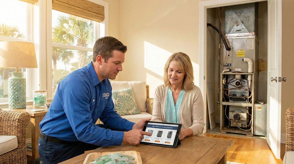 Create an image of a homeowner in his large home hallway, changing the heat air exchange air filter. The air exchange vent has been removed (SEE UPLOADED IMAGE FOR WHAT THE VENT COVER SHOULD LOOK LIKE) and leans against the wall next to the opening. The old dirty filter lays on a piece of plastic on the floor next to the man changing the air filter he is holding a new clean air filter. That is the same size as the old air filter. The hallway connects to a large open concept, living room, and kitchen area where a woman stands at the kitchen island preparing a meal.