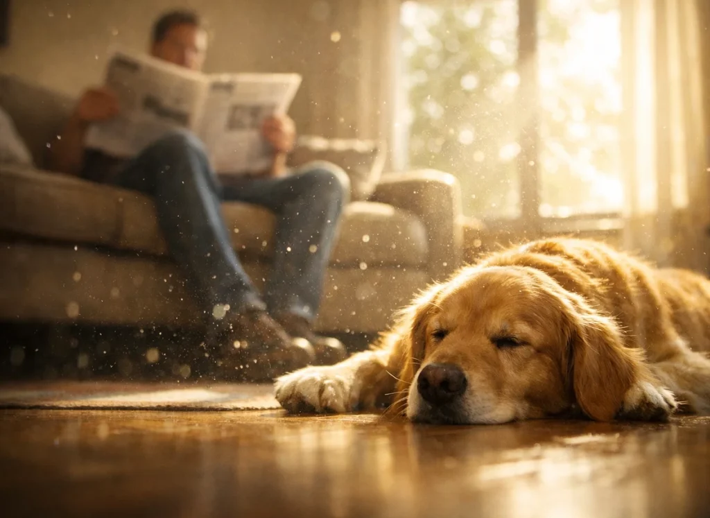 An image of a man sitting on his couch, reading the paper with his dog sleeping on the floor showing Dustin allergens in the air in the living room