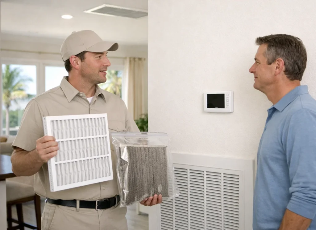 Homeowner reviews spring AC maintenance checklist and filter change with technician in Destin FL