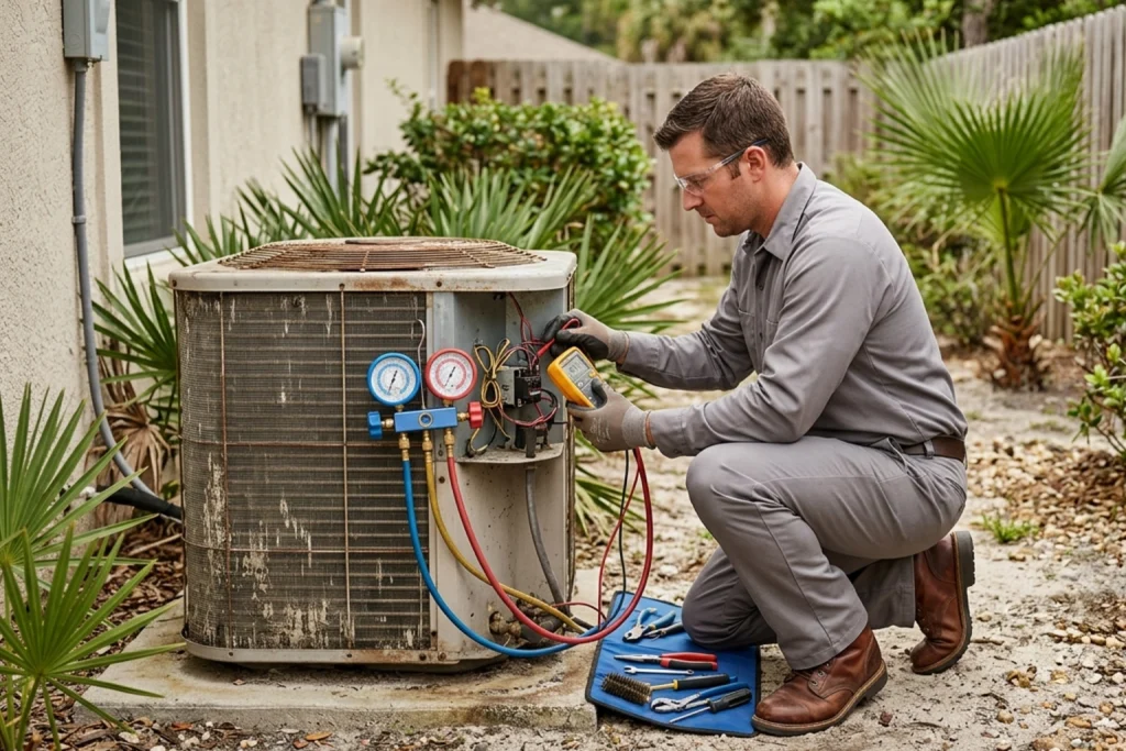 HVAC technician diagnosing older air conditioner before summer