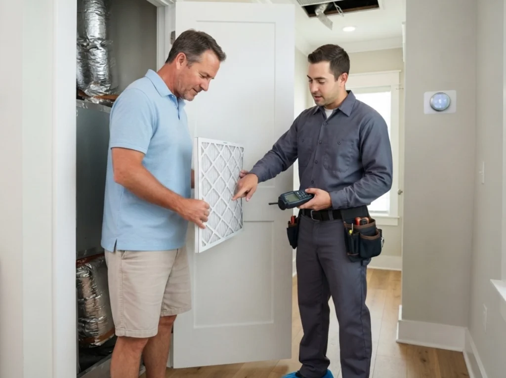 Fort Walton Beach homeowner replacing an AC filter during summer maintenance